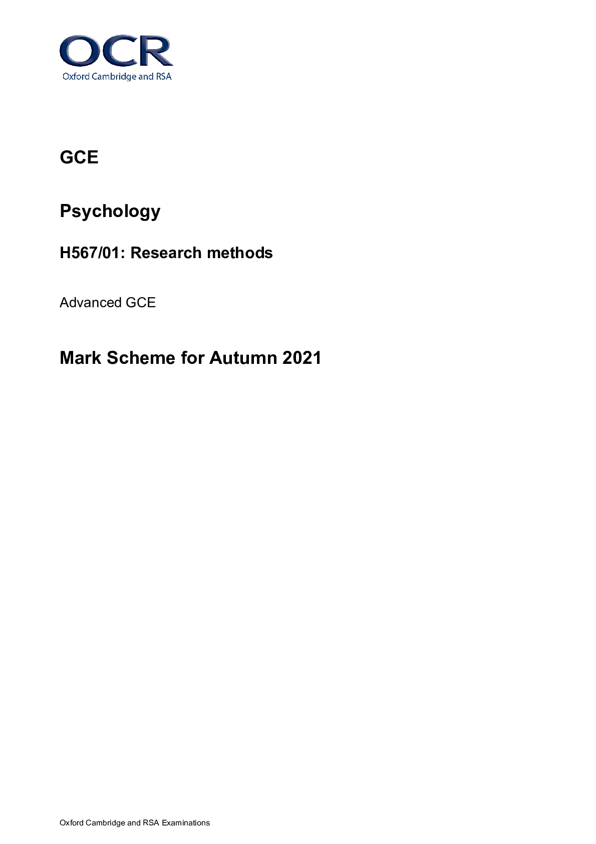 Preview image for A Level Psychology H567/01 Research methods (OCTOBER 2021) MARKING SCHEME